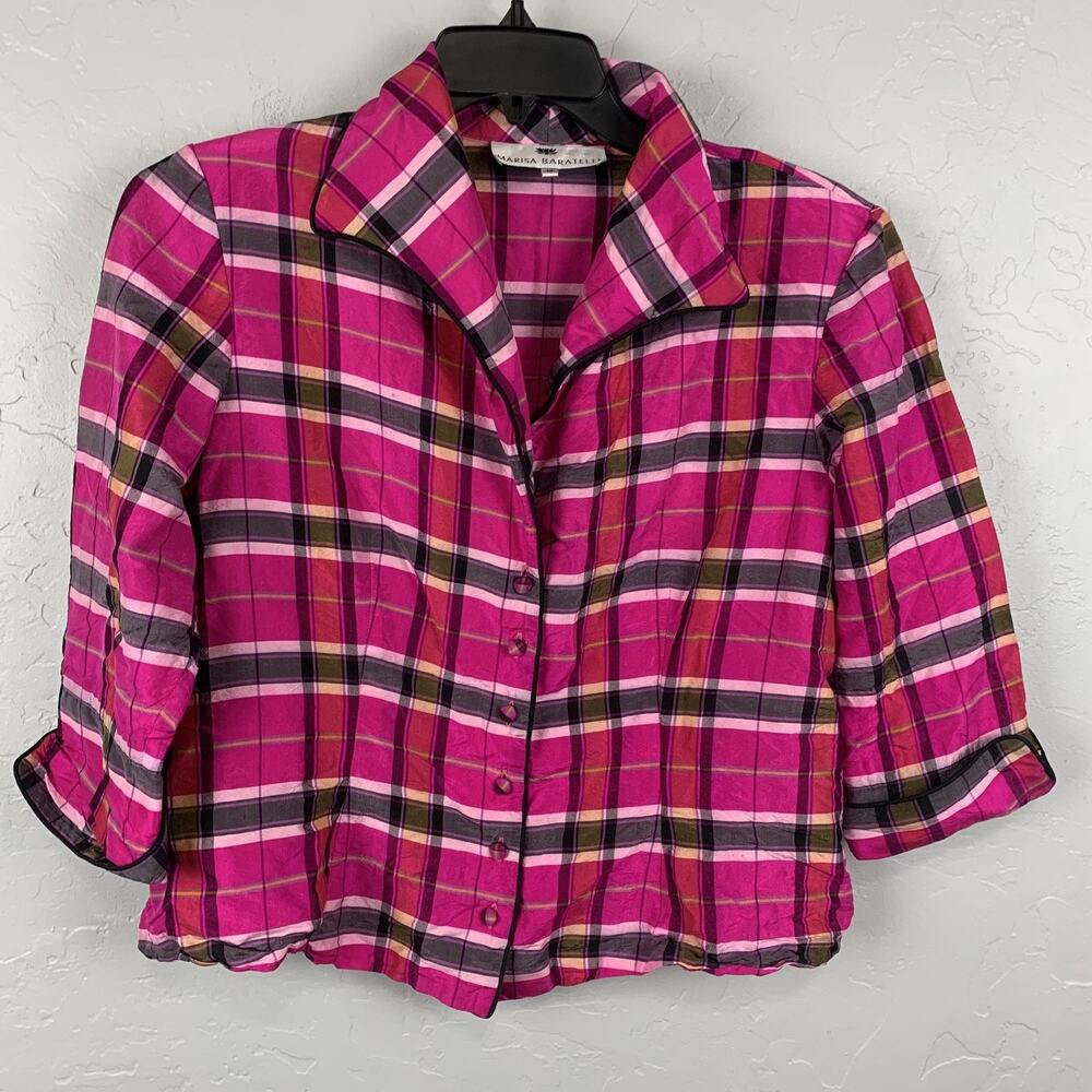 Marisa Baratelli Top Womens 14 Pink Plaid 100% Thai Silk Button Front 3/4